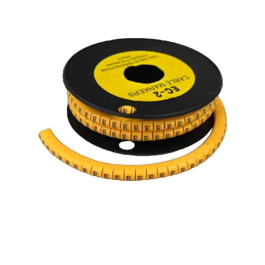 Grippes Cable Marker E - Yellow reel of snap on letter E cable markers on black spool for cable management