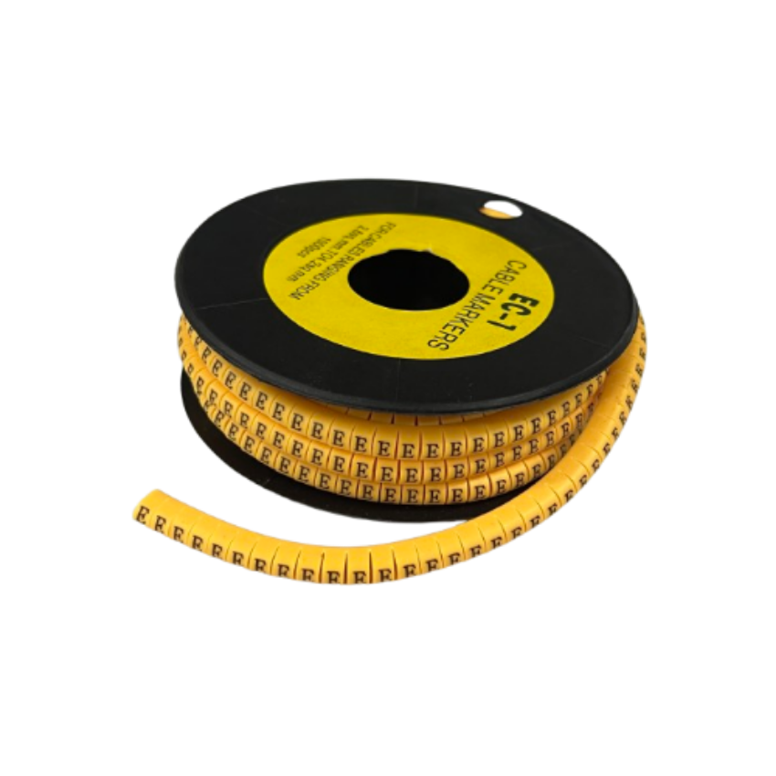 Spool of yellow adhesive cable markers with repeating E labels for tidy wire organization Cable Marker - E Yellow