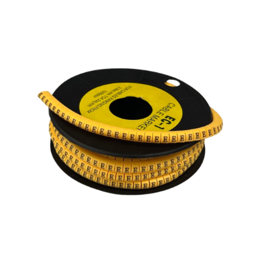 Cable Marker - E Yellow roll of adhesive cable markers on spool for wire labeling and cable management