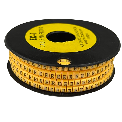 Cable Marker - E Yellow spool of adhesive cable labels for wire identification in electrical cable management