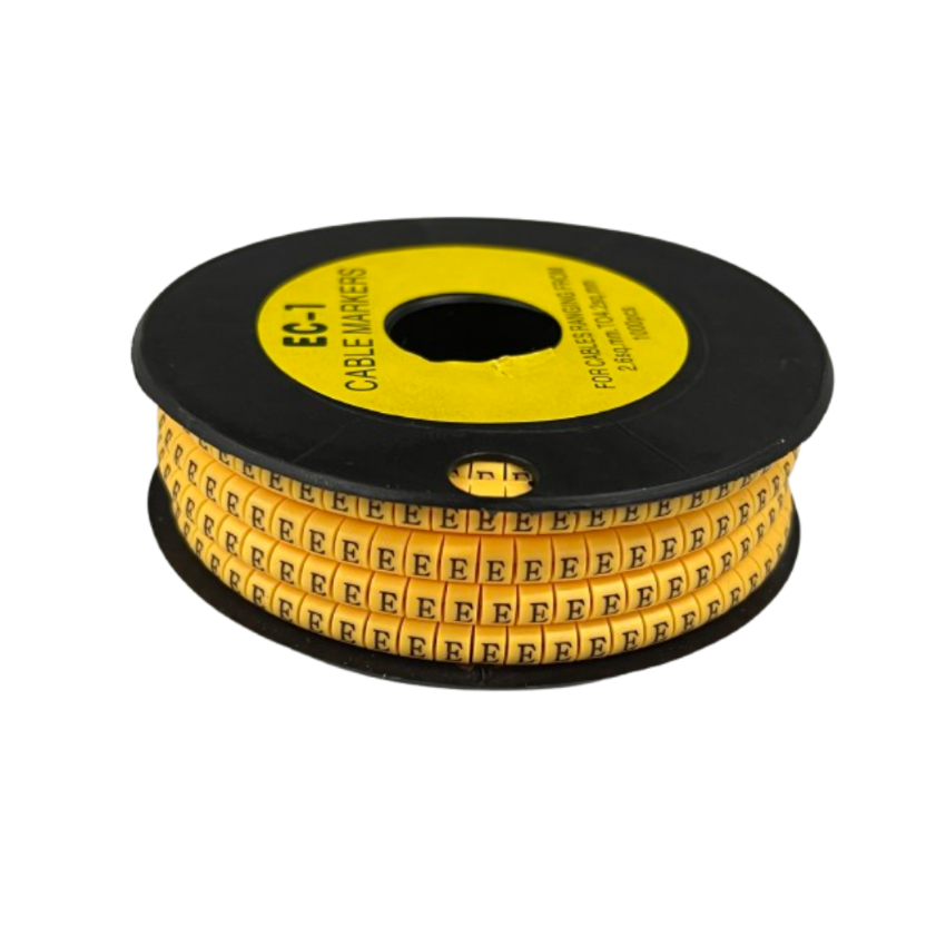 Cable Marker - E Yellow spool of adhesive cable labels for wire identification in electrical cable management