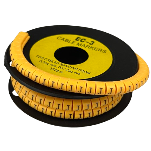 Grippes Cable Marker J - Yellow reel of adhesive cable markers with repeated J symbols for wire identification