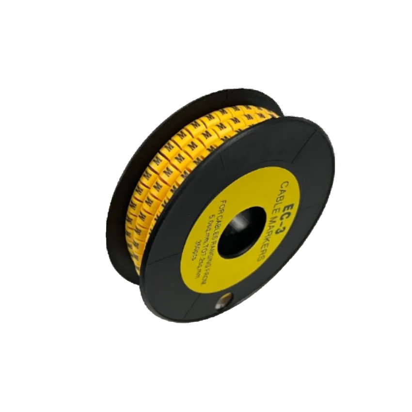 Grippes Cable Marker M - Yellow spool of labeled cable markers on a black reel for wire identification