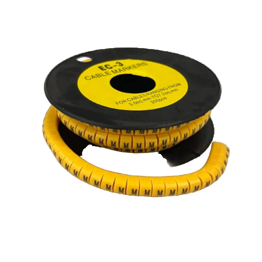 Grippes Cable Marker M - Yellow spool of labeled snap on cable markers with repeating M for wire identification
