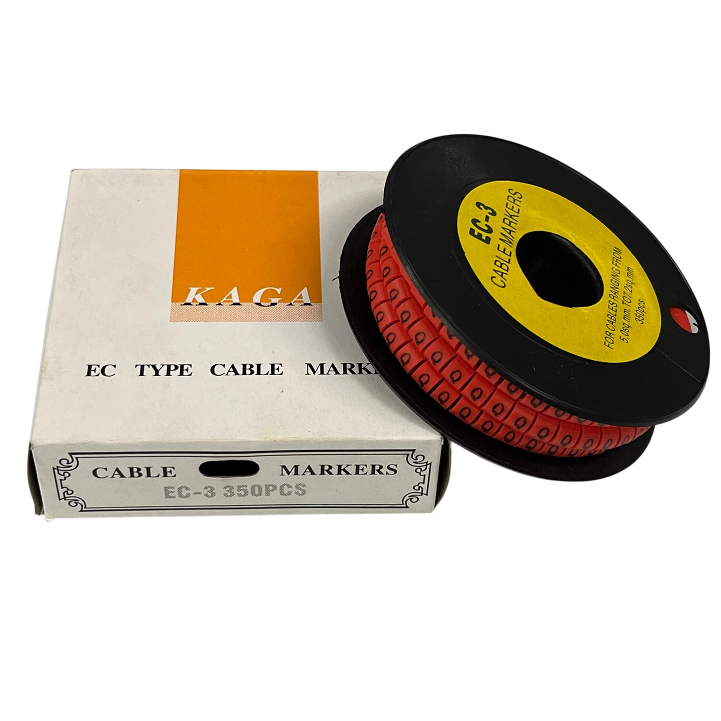 Grippes Cable Marker Red - Q on a spool with a box containing 350 pieces for efficient cable management