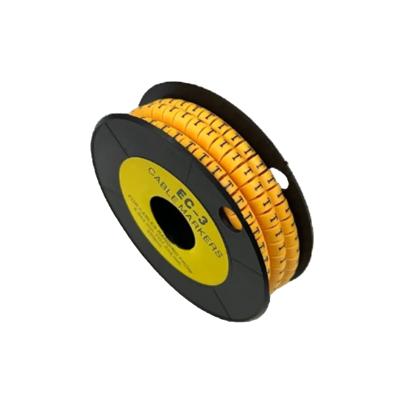 Grippes Cable Marker T - Yellow spool of T shaped cable markers on black reel for organized wiring