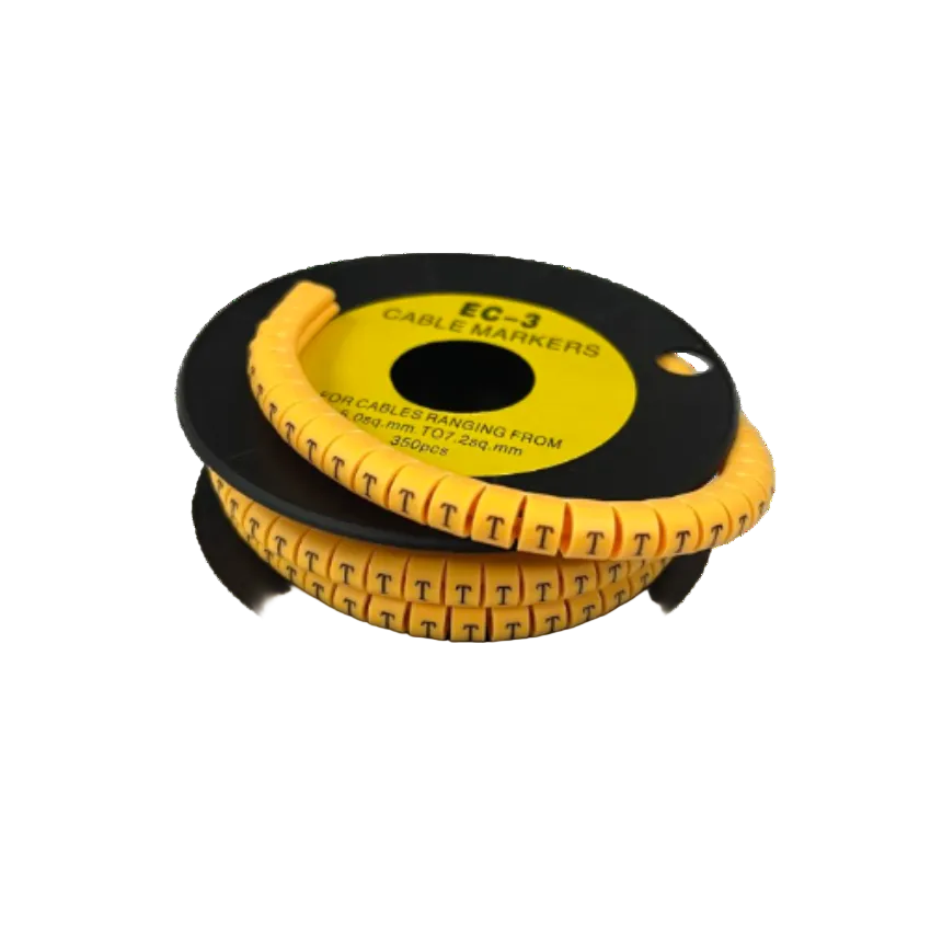 Grippes Cable Marker T - Yellow roll of T letter cable markers on a black spool for cable identification