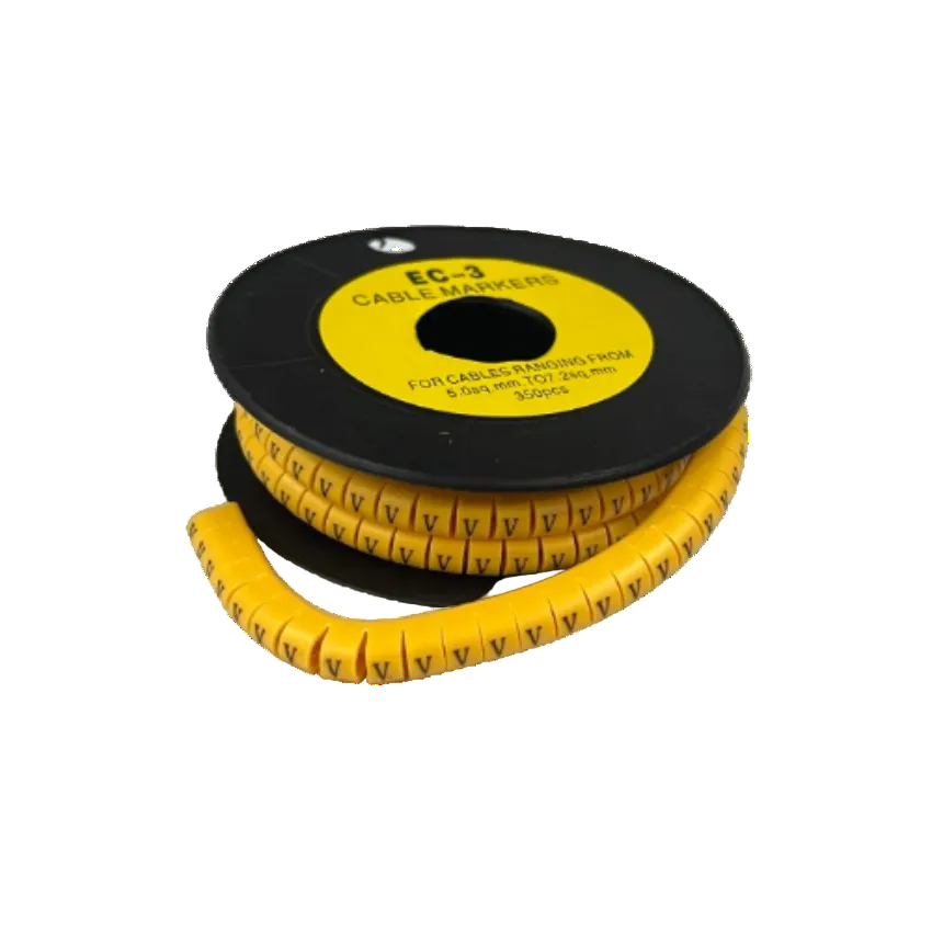 Grippes Cable Marker V - Yellow flexible spiral cable markers on spool with repeating V labels for wire ID