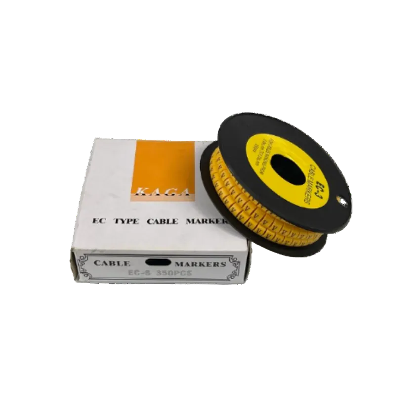 Grippes Cable Marker V - Yellow spool of EC type cable markers on black reel with white box packaging