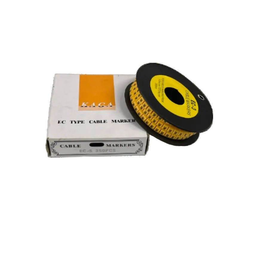 Grippes Cable Marker W - Yellow spool next to white box EC type cable markers for cable identification