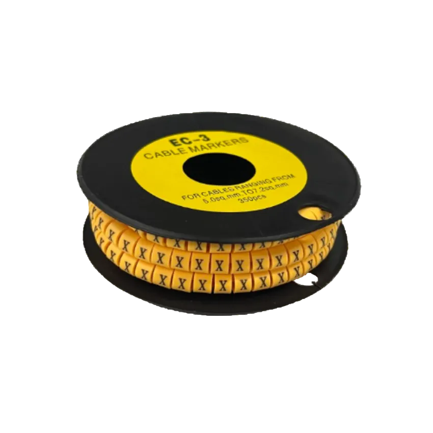 Grippes Cable Marker X - Yellow spool of flexible cable markers with repeated black X labels for wire organization