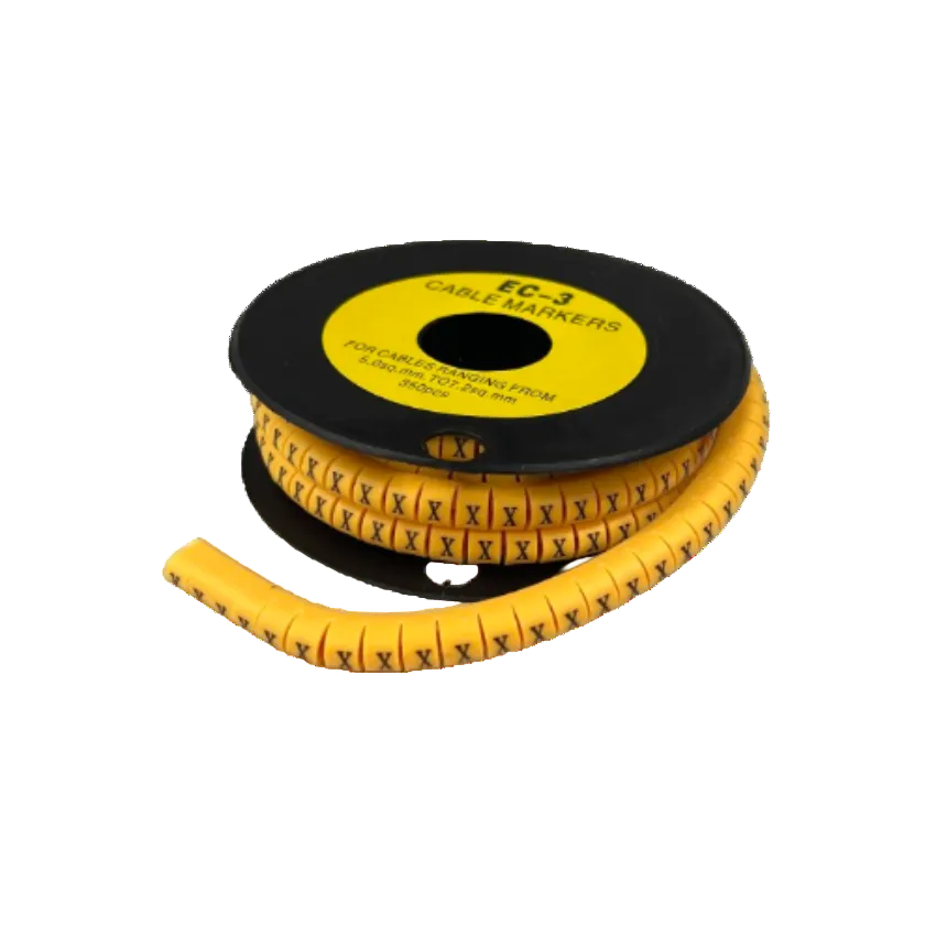 Grippes Cable Marker X - Yellow spool of flexible spiral cable markers with repeated X labels