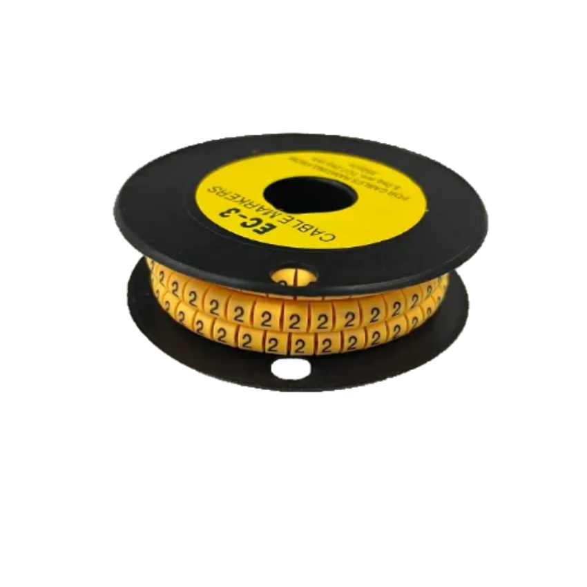 Spool of yellow numbered cable markers showing repeated 2 labels Cable Marker Yellow 2 for wiring organization