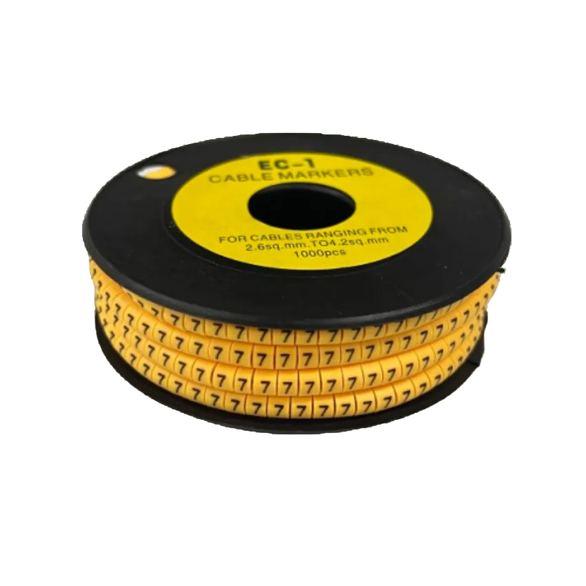 Spool of China made Cable Marker Yellow -7 adhesive cable labels showing rows of black 7s