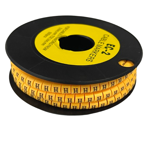 Grippes cable management spool with Cable Marker - Yellow 8 showing H letter markers on yellow tape