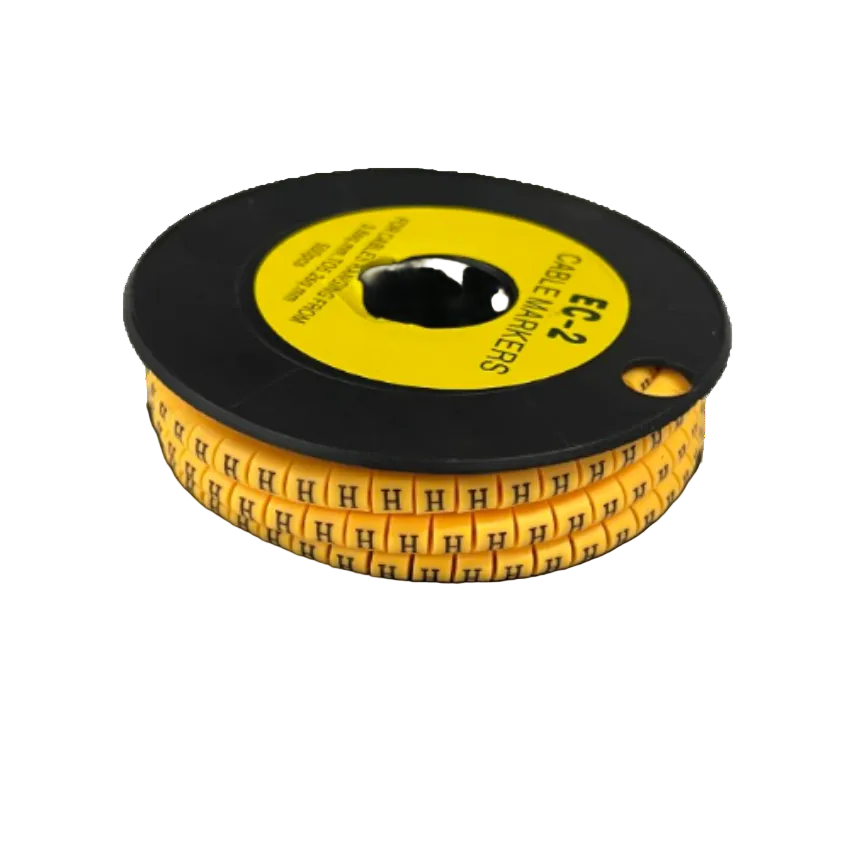 Grippes cable management spool with Cable Marker - Yellow 8 showing H letter markers on yellow tape