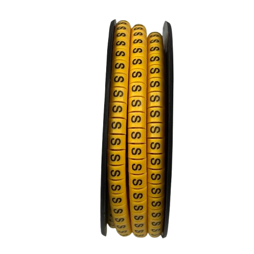 Grippes Cable Marker Yellow - S spool of yellow ring markers with black S lettering for cable organization