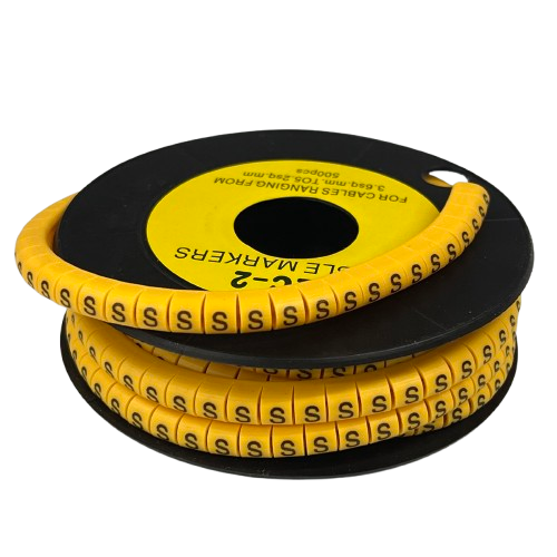 Grippes Cable Marker Yellow - S spool of yellow spiral cable markers with repeated S labels for cable management
