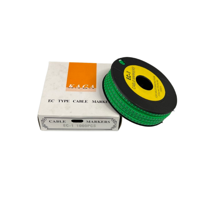 Grippes spool of green cable markers beside box "H" Marker EC-1 Green 2.6mm to 4.2mm for wire labeling