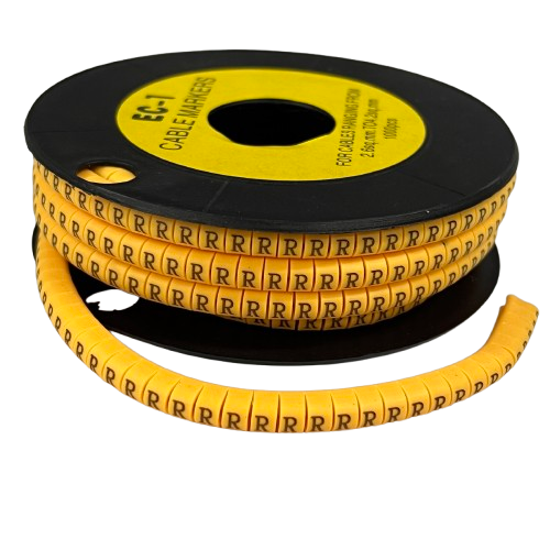 R Marker 2.6mm to 4.2mm yellow cable management marker on black spool for wire organization