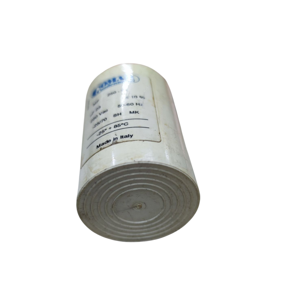 Comar 23uF 250VAC Running Capacitor cylindrical electrical component with label and specifications