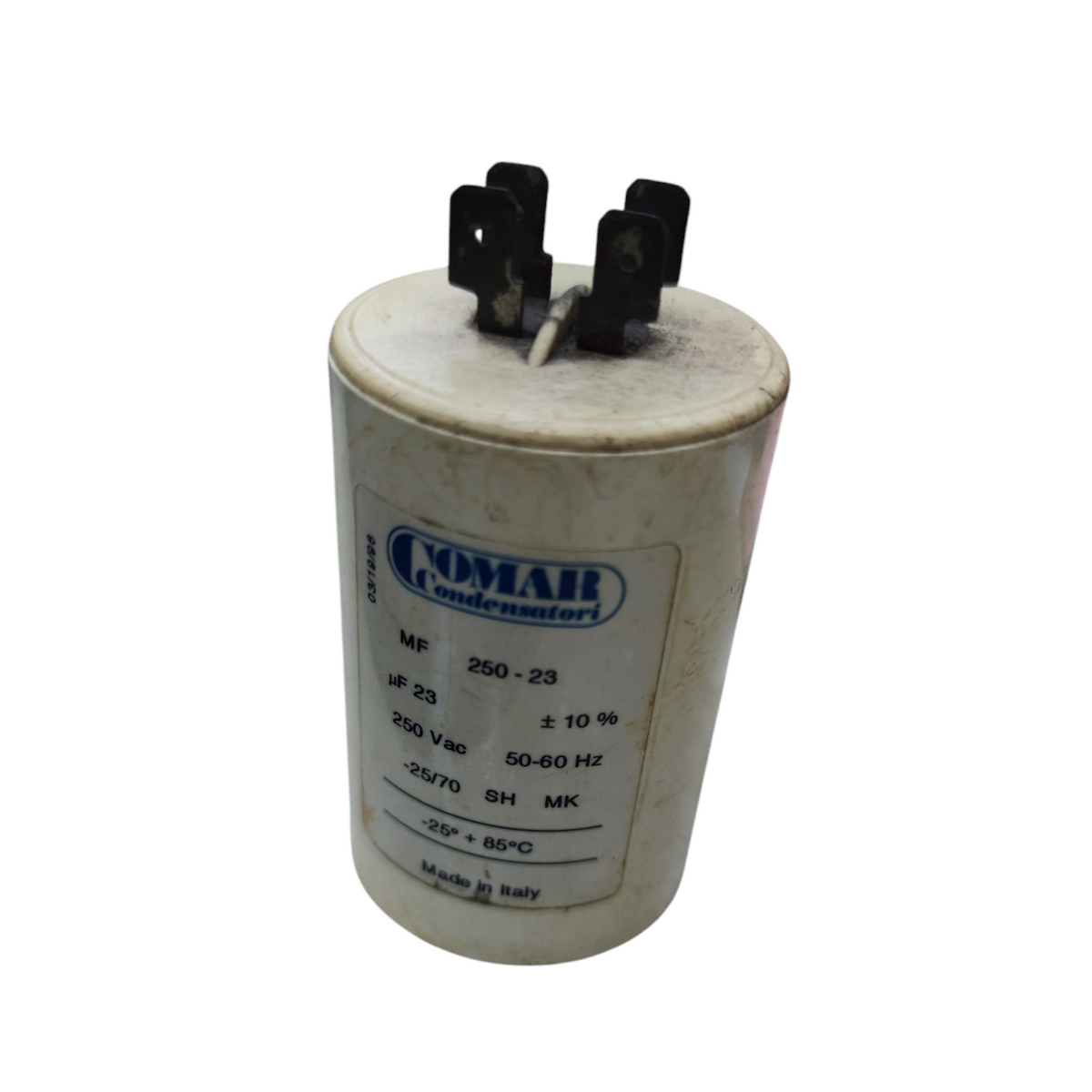 Comar 23uF 250VAC Running Capacitor white cylindrical electrical component with two terminals