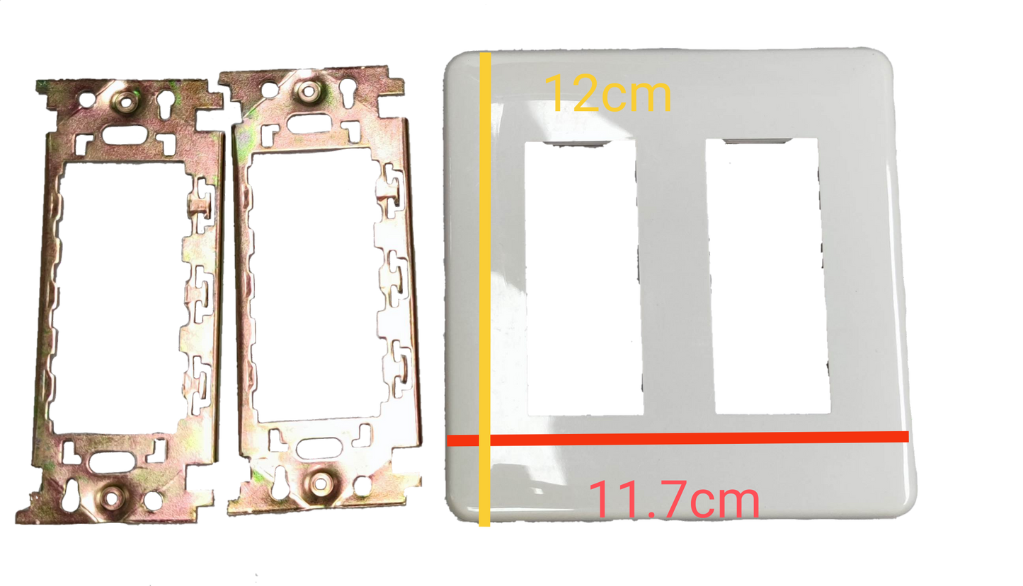 Kopez 6 gang switch plate cover in white with metal mounting brackets and size markings