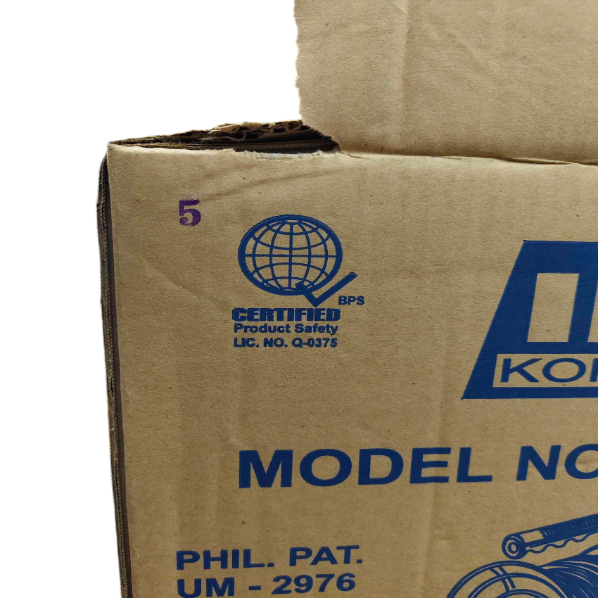 Kopez industrial extension cord drum packaging box showing certification and model details
