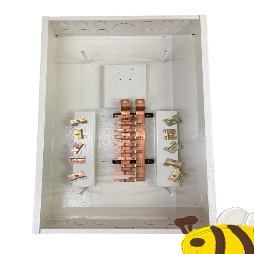 Koten 125a Panel Board with 10 Branches Bolt-on Breaker inside white enclosure showing copper bus bars and breaker mounts