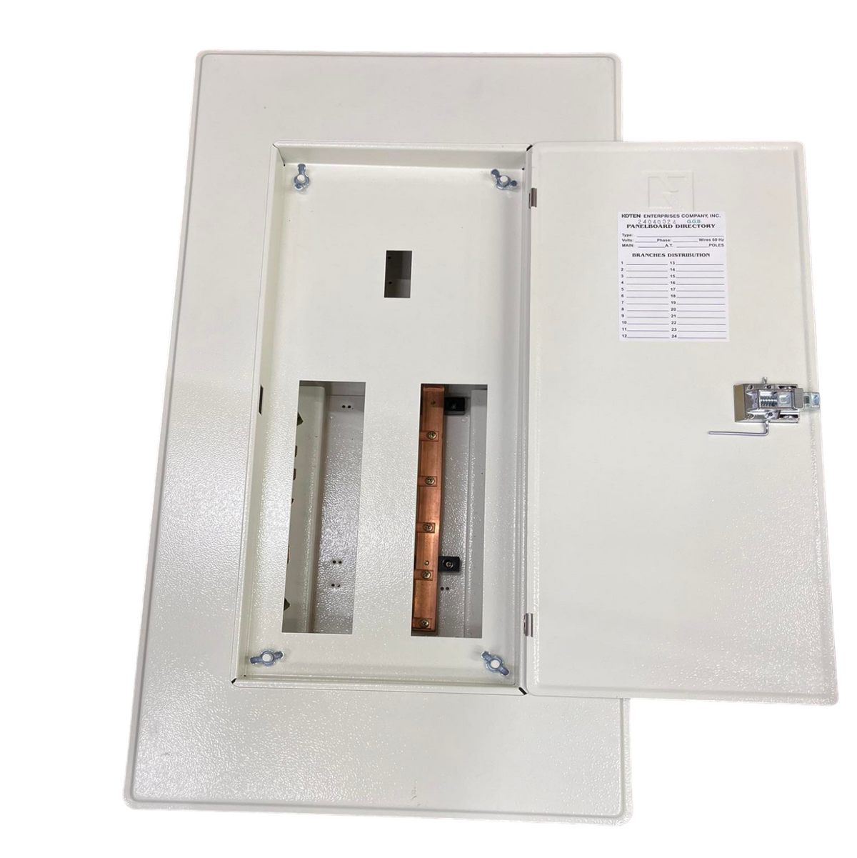 Koten white metal panel with open door showing copper bus and breaker slots 125a Panel Board with 10 Branches Bolt-on Breaker.