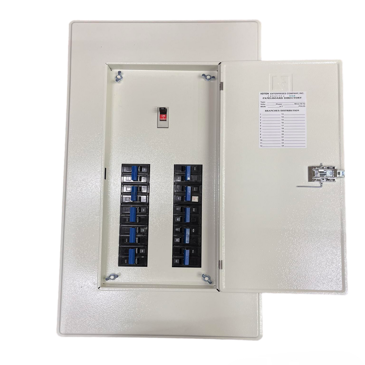 Koten 125a Panel Board with 10 Branches Bolt-on Breaker. white metal panel with open door showing two columns of circuit breakers