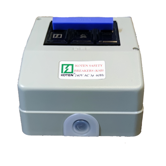 15A 3 pole circuit breaker with enclosure from Electx Electrical Supply in gray with blue switch