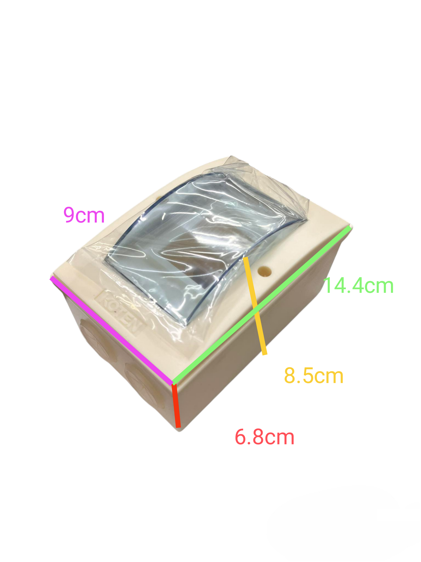 Koten 2 Ways PVC Nema 1 for Miniature electrical circuitry part with clear cover and labeled dimensions