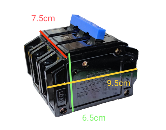 Koten 20A 3 phase Bolt on circuit breaker with blue handle showing dimensions 7.5 cm by 9.5 cm by 6.5 cm