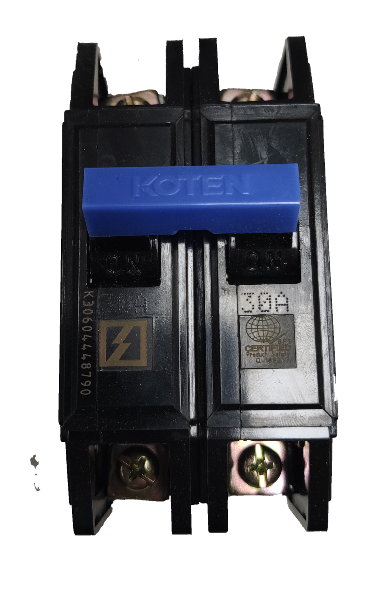 Koten 30A 2 Pole Bolt-on Circuit Breakers black double pole bolt-on breaker with blue handle and brass terminals