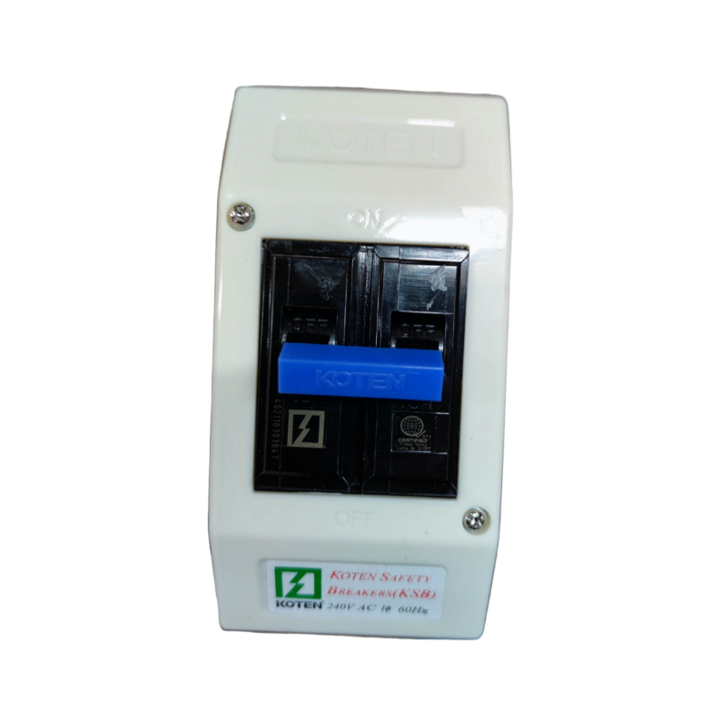 Koten 50A Breaker 250V 2P with Enclosure. White plastic box with black dual pole breaker and blue handle