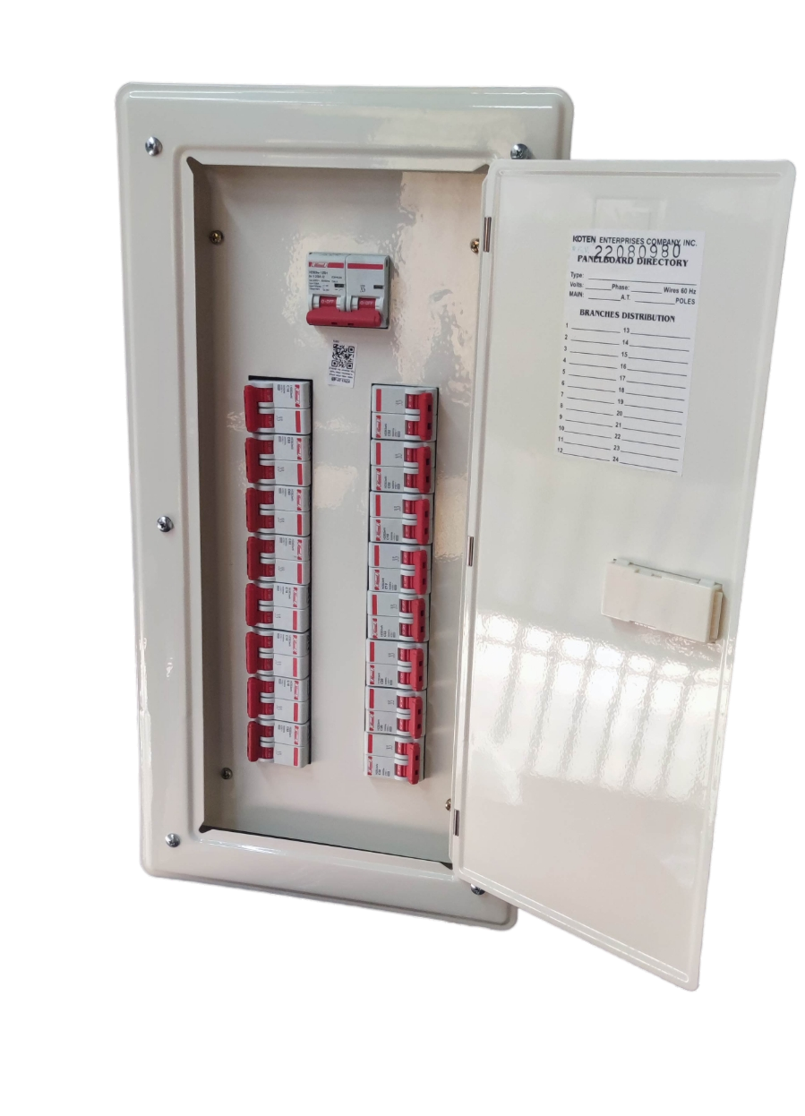 Electx Electrical Supply white metal panel board for miniature circuit breaker with open door and multiple MCBs