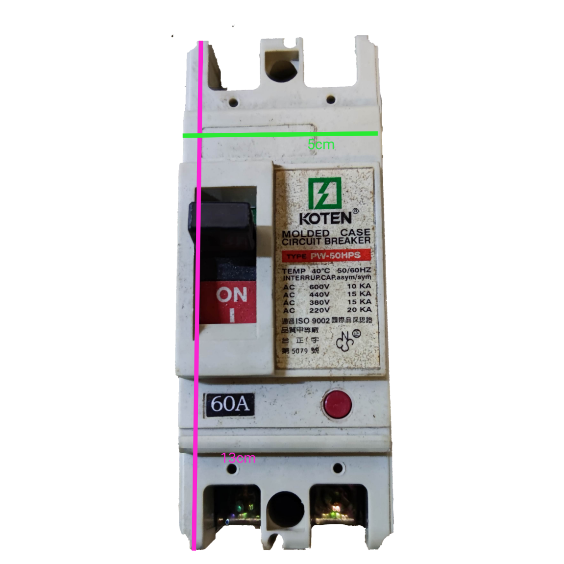 Koten single phase 2 pole 25KAIC 250V molded case circuit breaker with 60 amp rating