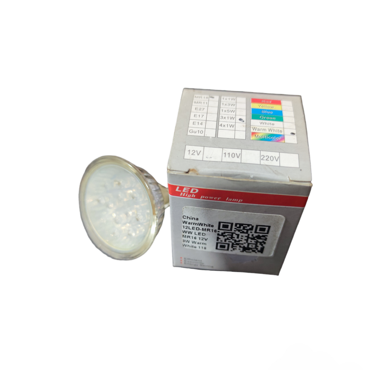 Ling Feng 1W LED MR16 12LEDS GU5.3 12V bulb next to its packaging box