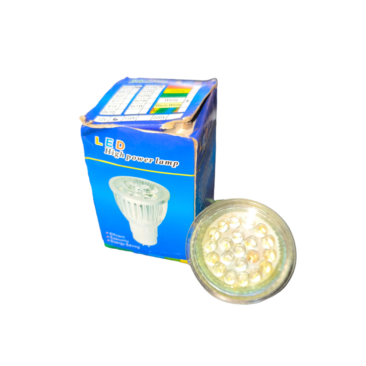 Denko 1W LED MR16 Gu5.3 Bulb 220V with blue packaging and clear lens showing LED array