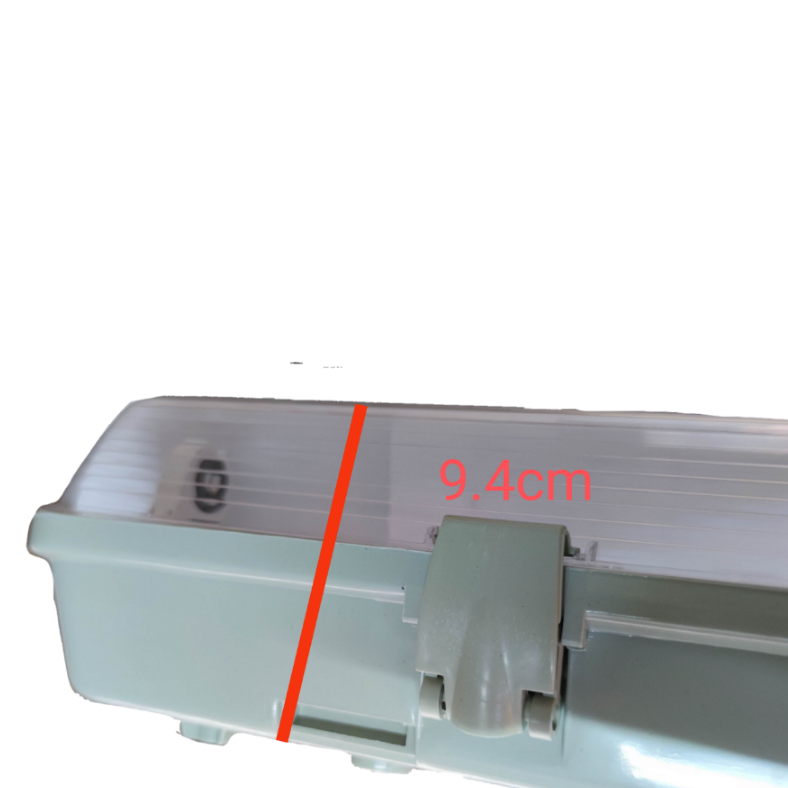 Close-up of Opple and Firefly 9W LED weatherproof fluorescent light with a measuring scale showing 9.4cm dimension