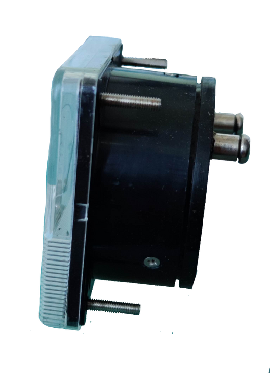 HEW Panel Meter 60mm x 60mm 52CA side view showing black housing clear bezel and metal terminals