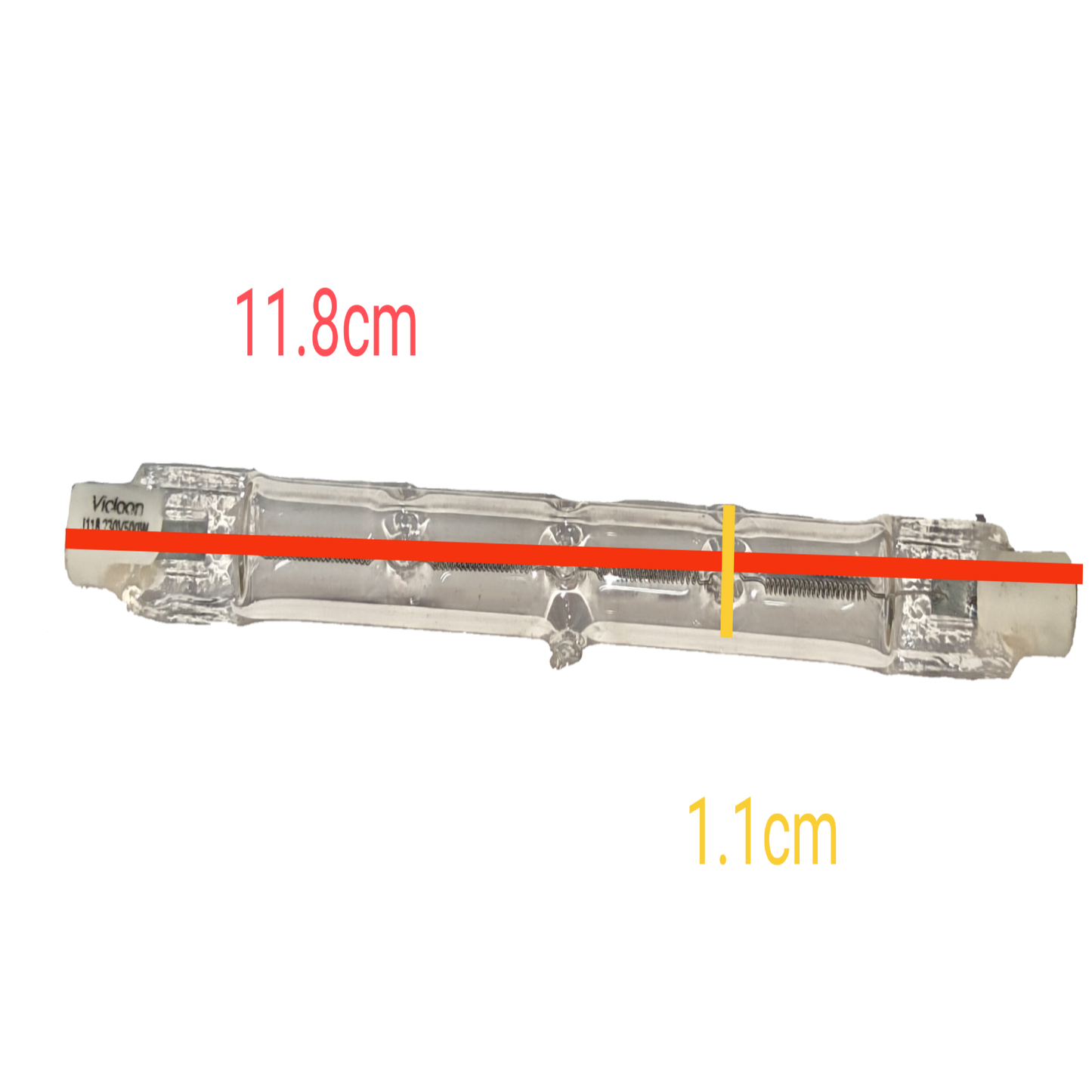 Vicloon Linear Halogen Bulb 500W 220V clear glass tube with visible filament measuring 11.8 cm long