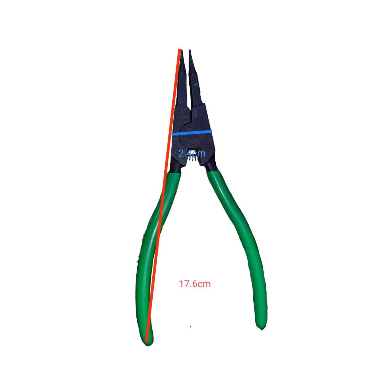 Lobster Snap Ring Plier External Straight green handles 17.6 cm length 2.4 cm jaw width on black background
