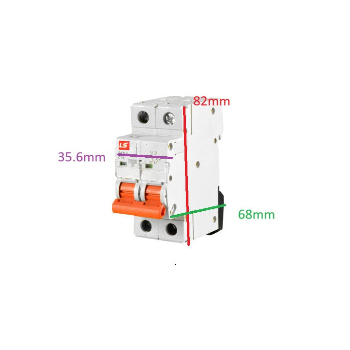 LS 16A miniature circuit breaker with dimensions showing 82mm height and 68mm width