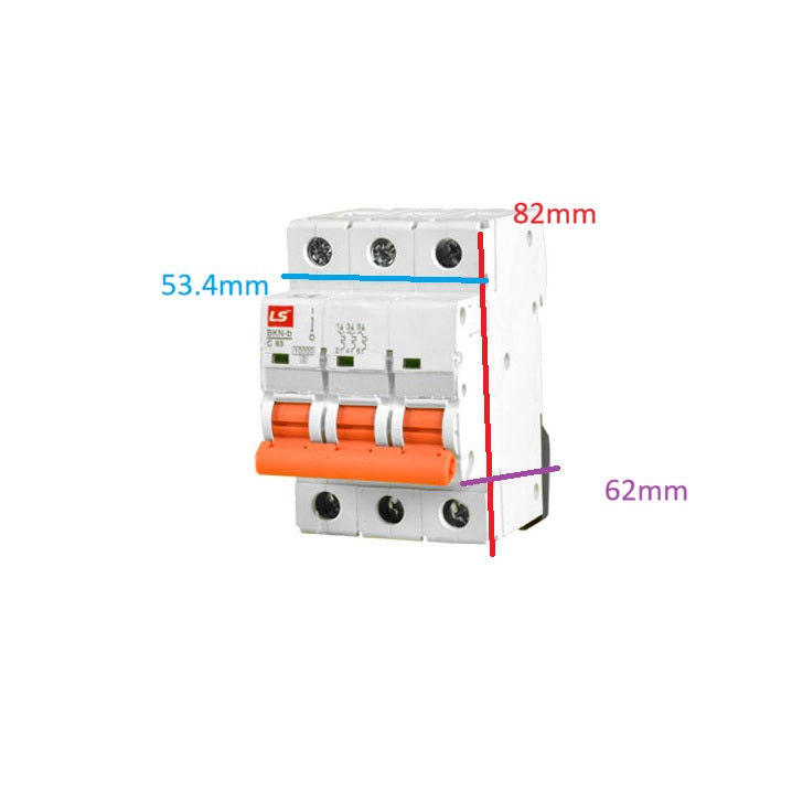 LS 25A 3 pole circuit breaker 10Kaic 230V with labeled dimensions of 53.4mm, 82mm, and 62mm