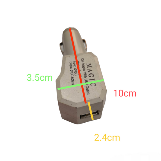 Magic car adaptor USB 600Ma white dual USB port car charger measuring 10cm by 3.5cm