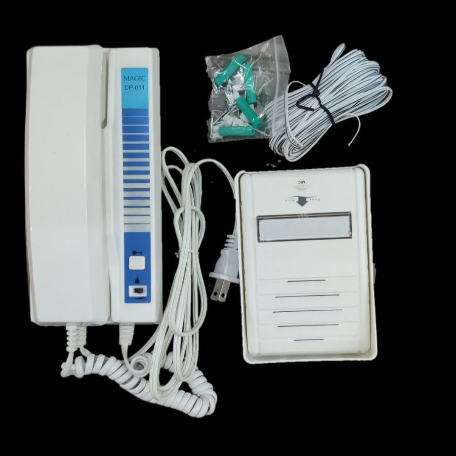 Magic Door Intercom System 220V with white handset, door unit, and installation accessories