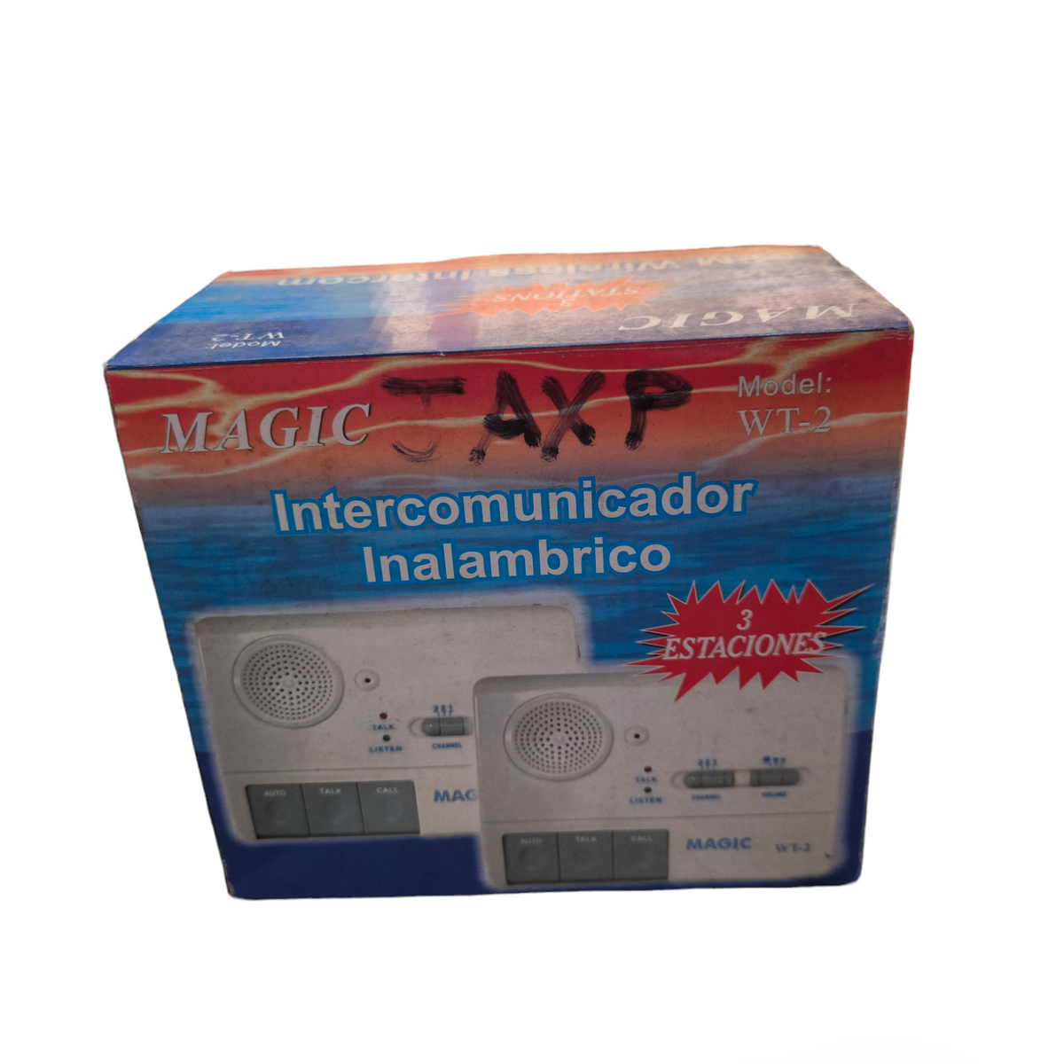 Magic FM WT-2 wireless intercom system box showing two white intercom units for communication