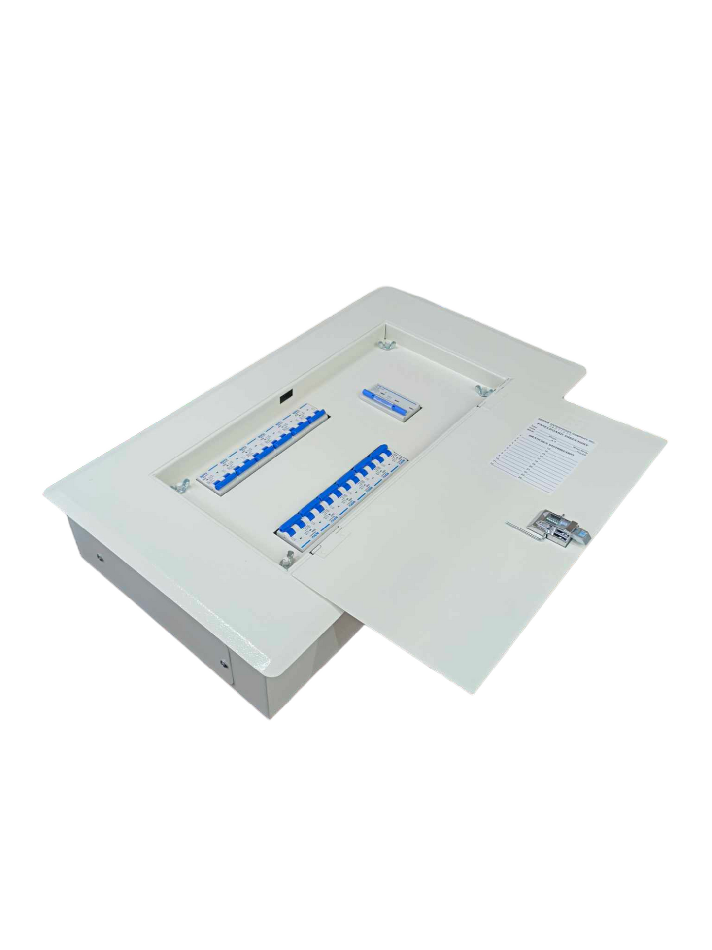 Chint 3 pole main breaker electrical panel with white metal enclosure and blue circuit breakers